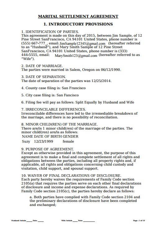 agreement separation divorce settlement marital papers document